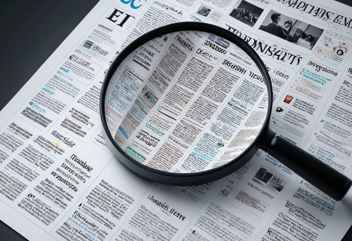 A digital newspaper unfurling from a traditional newspaper, surrounded by swirling data streams, icons of magnifying glasses, analysis charts, and diverse reader graphics to represent analysis and readership. Bright and dynamic to signify the impact. super-realistic. vibrant colors.