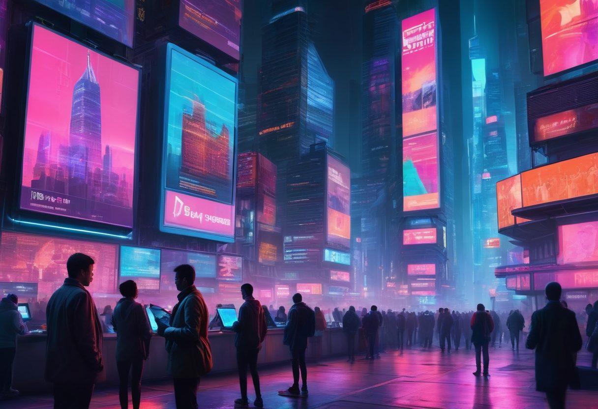 A futuristic cityscape with towering digital screens displaying news headlines, people reading news on tablets and smartphones, holographic news anchors presenting breaking news, and a traditional newspaper stand fading into the background. neon lights. cyberpunk aesthetic. vibrant colors.