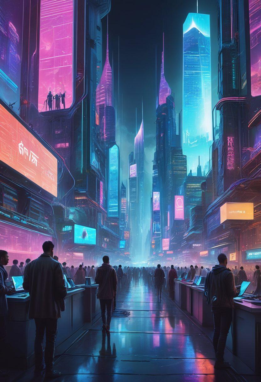 A futuristic cityscape with people of diverse backgrounds accessing news on various digital devices, holographic news headlines floating around, and interconnected data streams linking global locations. The background should include iconic landmarks and digital interface elements to emphasize the real-time aspect. vibrant colors. cyberpunk. super-realistic.